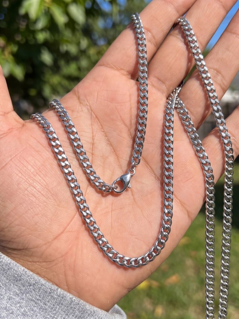 Mens Silver Chain Miami Cuban Link 4mm 20 Inch Stainless Steel Lobster Clasp